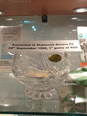 Glass trophy, Shamrock Rovers' first game at the RDS, 30 September 1990
