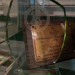 Glass trophy presented to the Gary Twigg Shamrock Rovers Supporters Club, 2018