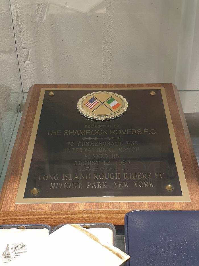 Plaque commemorating Shamrock Rovers v Long Island Rough Riders, 12 August 1995