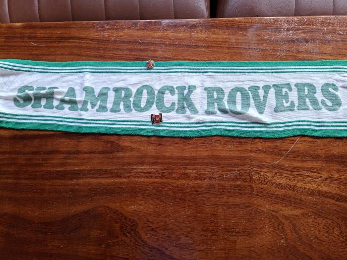 Shamrock Rovers supporter scarf with enamel pin badges